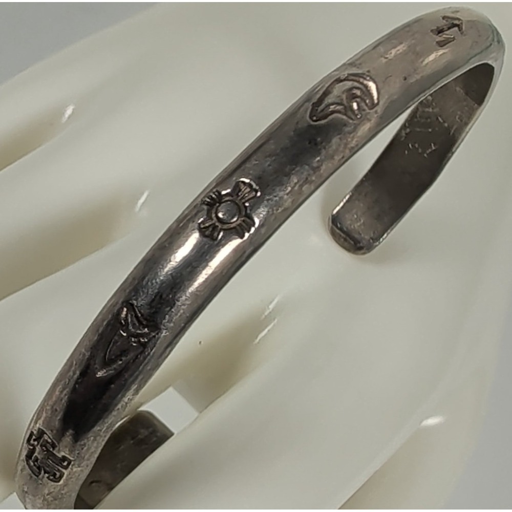Navajo Jefferson Brown Sterling Silver Hand Stamped story Cuff Native American